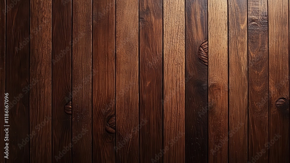 Naklejka premium A close-up view of textured wooden planks arranged in a vertical pattern, showcasing rich brown tones and natural grain variations.