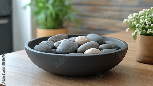 Smooth stones resting in a round black bowl on a wooden table with plants in ...