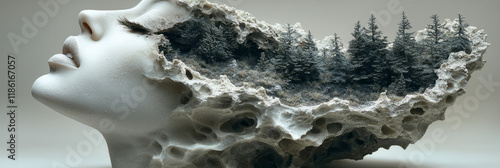 Abstract layered bust with an opening on top revealing a miniature forest, purely white exterior on a toned gray space,