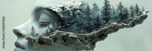 Abstract layered bust with an opening on top revealing a miniature forest, purely white exterior on a toned gray space,