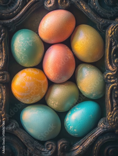 A collection of vividly painted Easter eggs, each unique in color and pattern, signifying the joyous holiday spirit. photo