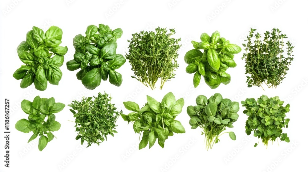 Collection of various herbs and greens are displayed in a row. The herbs include basil, parsley, and mint. Concept of freshness and abundance, as the different herbs are all vibrant Collection of various herbs and greens are displayed in a row. The herbs include basil, parsley, and mint. Concept of freshness and abundance, as the different herbs are all vibrant