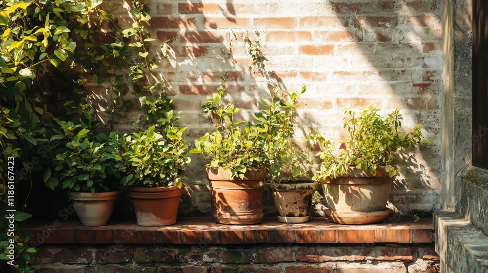 A Row of Potted Plants Sitting on a Brick Wall Next to a Window - Generative AI A Row of Potted Plants Sitting on a Brick Wall Next to a Window - Generative AI