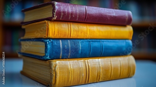 Colorful stacked books displaying vibrant covers against a teal background in...