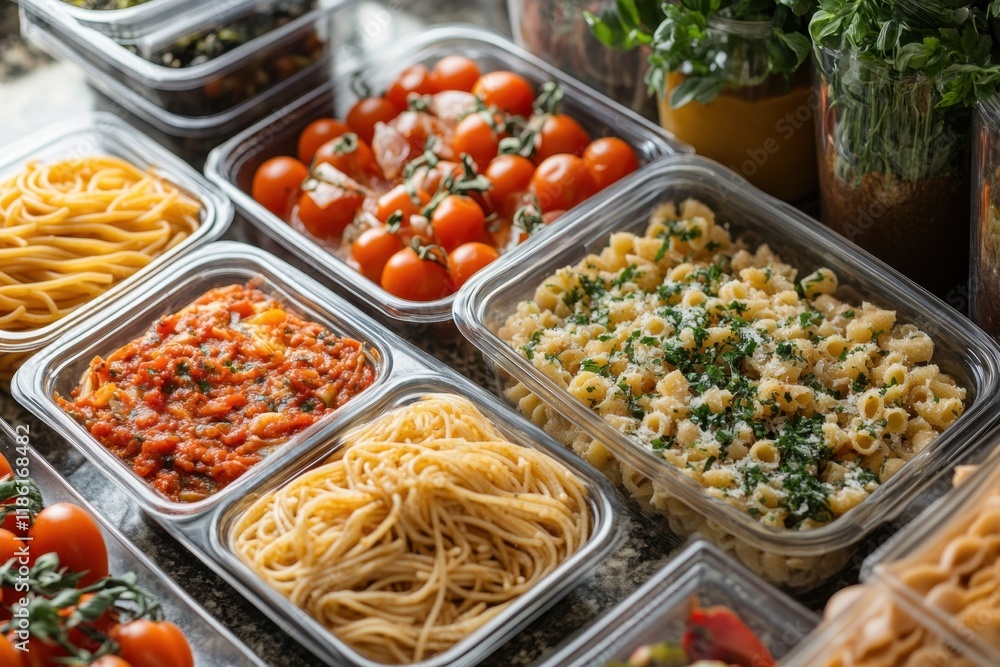 Delicious pasta meal kit featuring various pre-cooked pasta, sauces, and toppings for easy meal preparation Delicious pasta meal kit featuring various pre-cooked pasta, sauces, and toppings for easy meal preparation