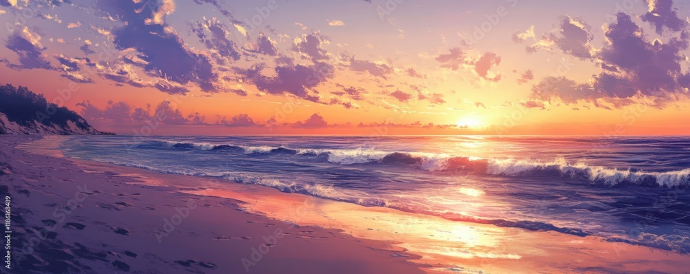 Fototapeta premium beach, sunset, year , sand, ocean, waves, horizon, tranquility, nature, beauty, future, travel, relaxation, vacation, summer, landscape, serenity, warm colors, coastal scenery The image depicts