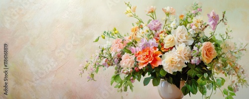 Beautiful floral arrangement, colorful flowers in a soft pastel palette, displayed in an elegant vase against a light, airy backdrop, perfect for spring
