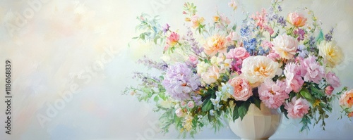 Beautiful floral arrangement, colorful flowers in a soft pastel palette, displayed in an elegant vase against a light, airy backdrop, perfect for spring