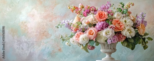 Beautiful floral arrangement, colorful flowers in a soft pastel palette, displayed in an elegant vase against a light, airy backdrop, perfect for spring