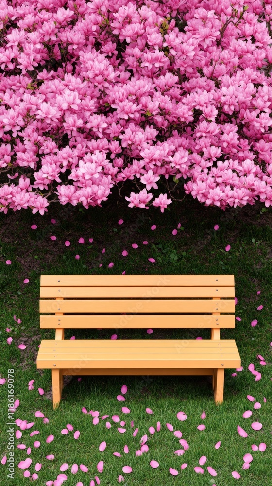 A quaint wooden bench under a blooming magnolia tree in a quiet park with fallen petals scattered on the grass for elegant spring scenery A quaint wooden bench under a blooming magnolia tree in a quiet park with fallen petals scattered on the grass for elegant spring scenery