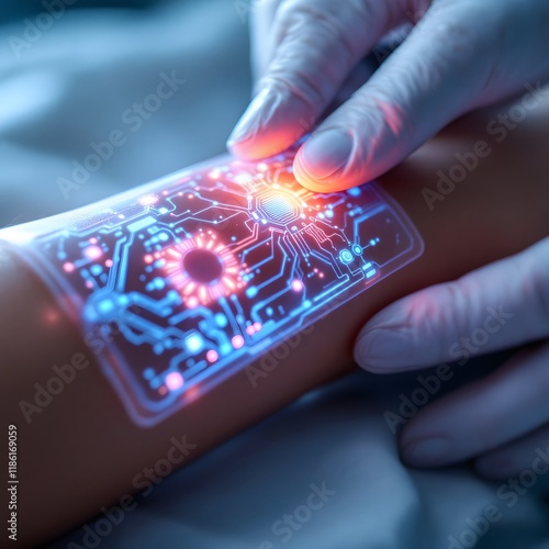 Medical Tech Futuristic Skin Patch Application with Glowing Circuitry