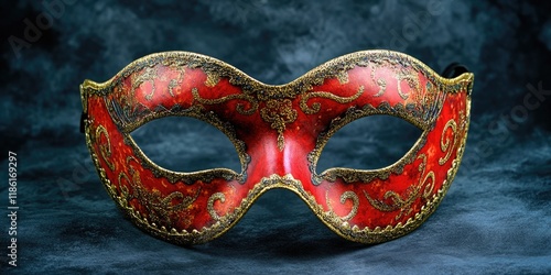 Red and gold Venetian style masquerade mask, intricately detailed with traditional carnival design. photo