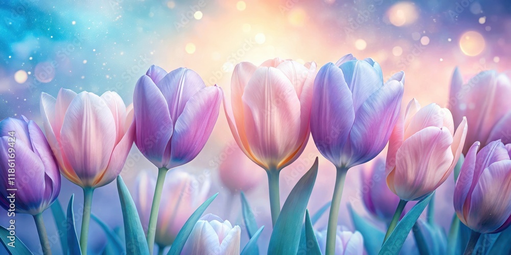 Pastel Tulips in a Dreamlike Garden Setting with Soft Light and Blurred Background Pastel Tulips in a Dreamlike Garden Setting with Soft Light and Blurred Background