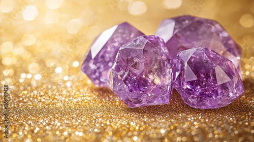 Close-up of lustrous amethyst gemstones resting on a bed of shimmering gold glitter.  The rich purple hues and sparkling facets create a luxurious and captivating image. photo