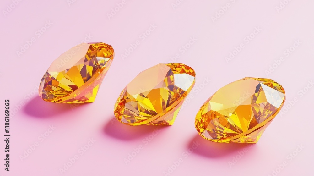 Fototapeta premium Three radiant yellow diamonds glisten on a soft pink backdrop. Their multifaceted brilliance catches the light, creating a luxurious and elegant scene.