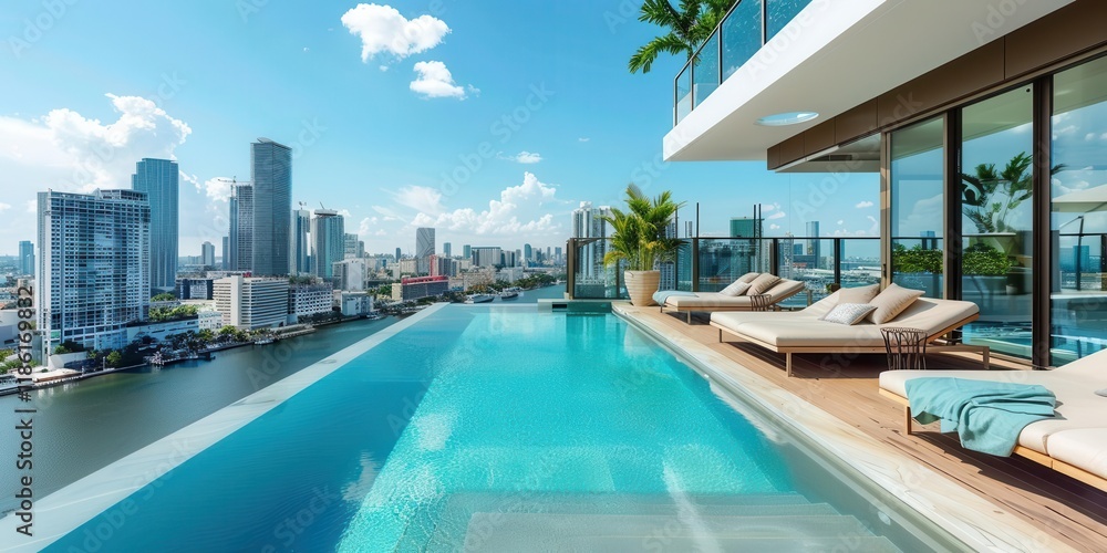 A luxurious infinity pool overlooking a vibrant city skyline under a clear blue sky. A luxurious infinity pool overlooking a vibrant city skyline under a clear blue sky.