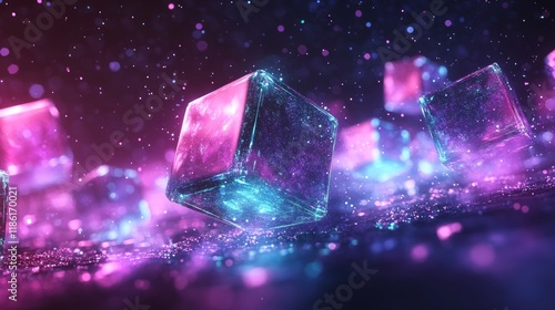 Glowing Neon Cubes Floating in a Futuristic Digital Space, Perfect for Technology, Gaming, and Blockchain Visual Concepts

