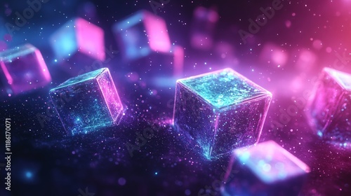 Glowing Neon Cubes Floating in a Futuristic Digital Space, Perfect for Technology, Gaming, and Blockchain Visual Concepts

