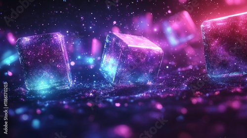 Glowing Neon Cubes Floating in a Futuristic Digital Space, Perfect for Technology, Gaming, and Blockchain Visual Concepts

