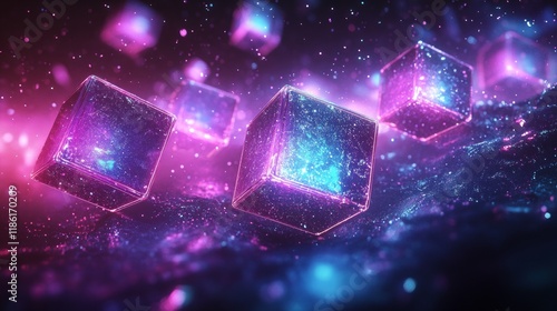 Glowing Neon Cubes Floating in a Futuristic Digital Space, Perfect for Technology, Gaming, and Blockchain Visual Concepts

