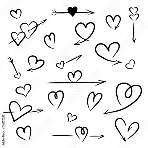 Doodle is a set of hand-drawn heart arrows. Elements for Valentine's Day
