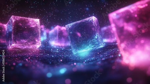 Glowing Neon Cubes Floating in a Futuristic Digital Space, Perfect for Technology, Gaming, and Blockchain Visual Concepts

