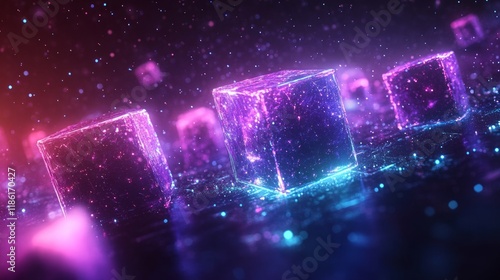 Glowing Neon Cubes Floating in a Futuristic Digital Space, Perfect for Technology, Gaming, and Blockchain Visual Concepts

