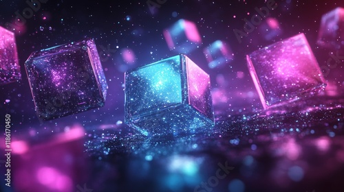 Glowing Neon Cubes Floating in a Futuristic Digital Space, Perfect for Technology, Gaming, and Blockchain Visual Concepts

