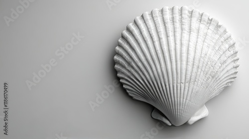 White scallop shell on a smooth gray background showcasing its intricate text...