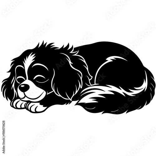cavalier king charles spaniel dog black silhouette vector, dog sleeping vector, Simple silhouette Design vector icon with white background.
