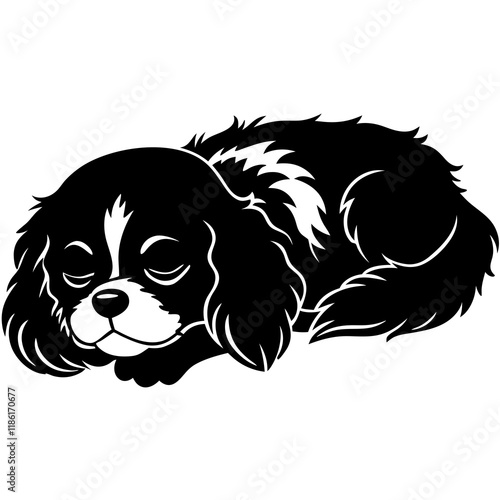 cavalier king charles spaniel dog black silhouette vector, dog sleeping vector, Simple silhouette Design vector icon with white background.