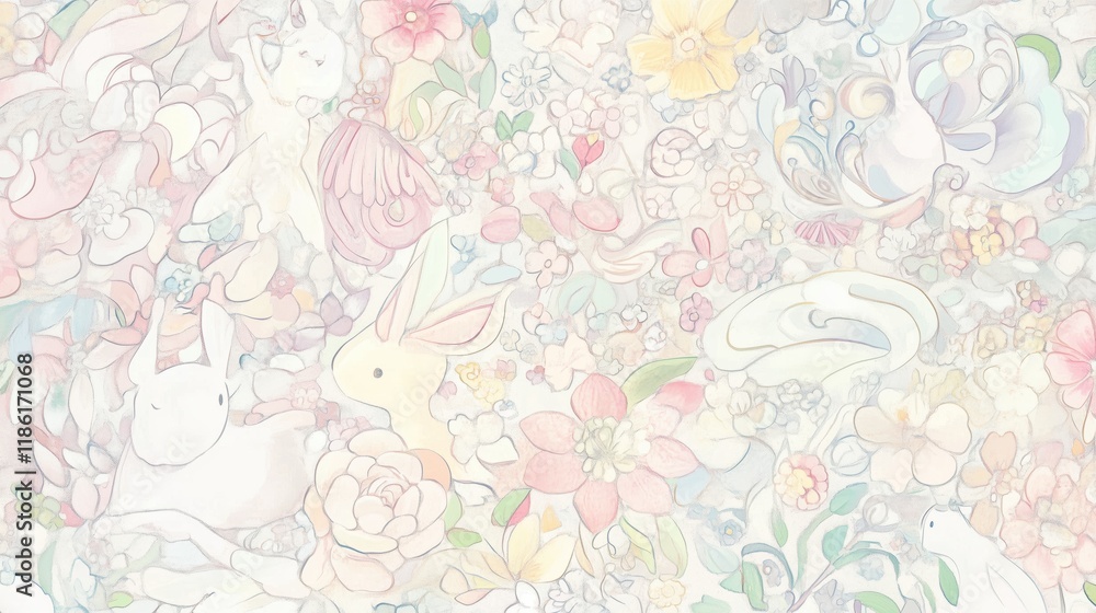 A Close up of a Pattern of Flowers and Animals on a White Background - Generative AI A Close up of a Pattern of Flowers and Animals on a White Background - Generative AI