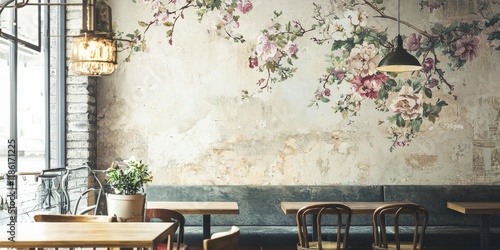 Vintage wallpaper with soft florals and distressed textures in a rustic cafe