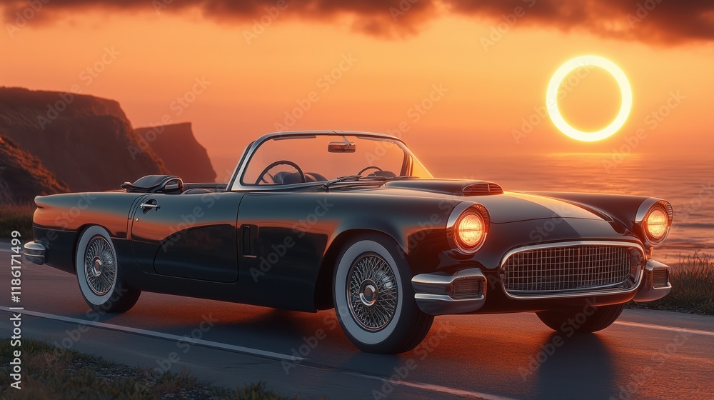 Naklejka premium Vintage convertible parked on coastal road during sunset with ocean backdrop
