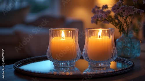 Romantic evening with candles and flowers creating a cozy ambiance in a livin...