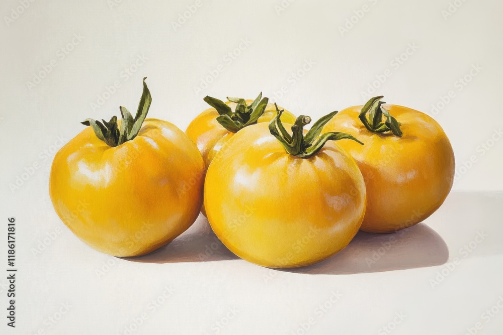 Three yellow tomatoes white background realistic detailed fresh produce vibrant colors Three yellow tomatoes white background realistic detailed fresh produce vibrant colors