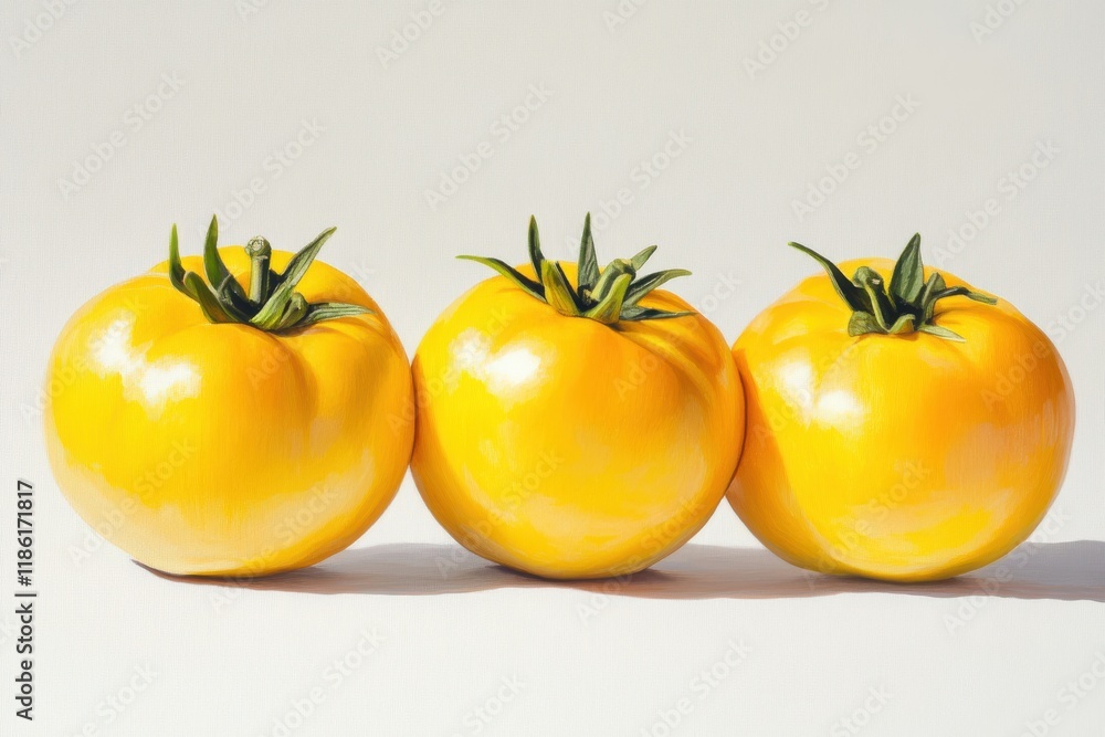 Three yellow tomatoes white background realistic detailed fresh produce vibrant colors