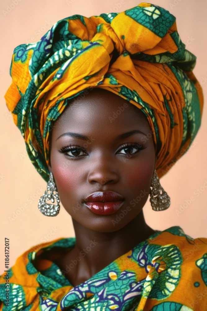 Fototapeta premium A model showcasing traditional African clothing with accessories, highlighting cultural diversity and the richness of ethnic attire.