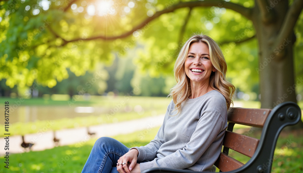 Happy woman smiling on park bench under oak tree, joy in nature Happy woman smiling on park bench under oak tree, joy in nature