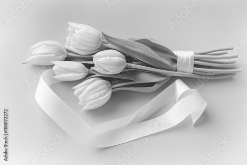 Fototapeta Naklejka Na Ścianę i Meble -  A bouquet of white peonies with green stems and wrapped in a ribbon. A beautiful floral gift for special occasions.