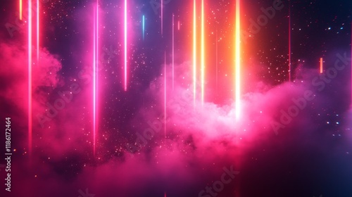 Vibrant Neon Light Beams with Sparkling Particles in a Futuristic Atmosphere

