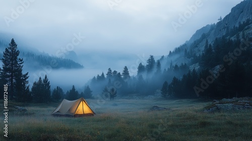 Misty forest landscape with lush greenery and distant mountains in early morn...