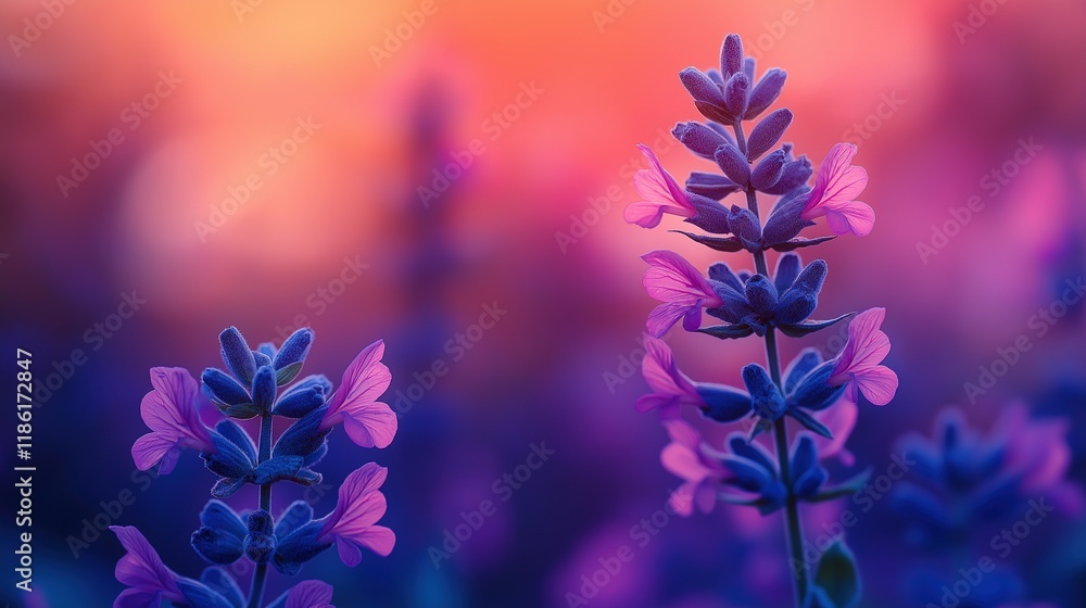 Obraz premium Vibrant lavender stems illuminated by sunset image. Flowering plant lavandula blossoms. Dreamy serenity. Botanical photography scene wallpaper. Floral concept photorealistic photo