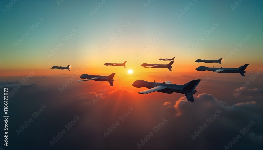 Fototapeta premium Military drones in formation flight across colorful sunset sky. Unmanned aerial vehicles soar above clouds. Sophisticated aerospace tech in action. Strategic surveillance mission. Advanced tech,