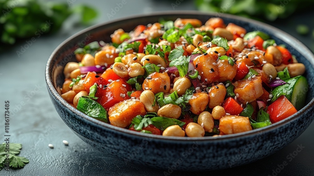 Fresh Asian Salad with Colorful Vegetables and Peanuts in a Rustic Bowl on Dark Background Fresh Asian Salad with Colorful Vegetables and Peanuts in a Rustic Bowl on Dark Background