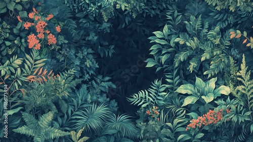 Lush Green Foliage with Scattered Coral Flowers