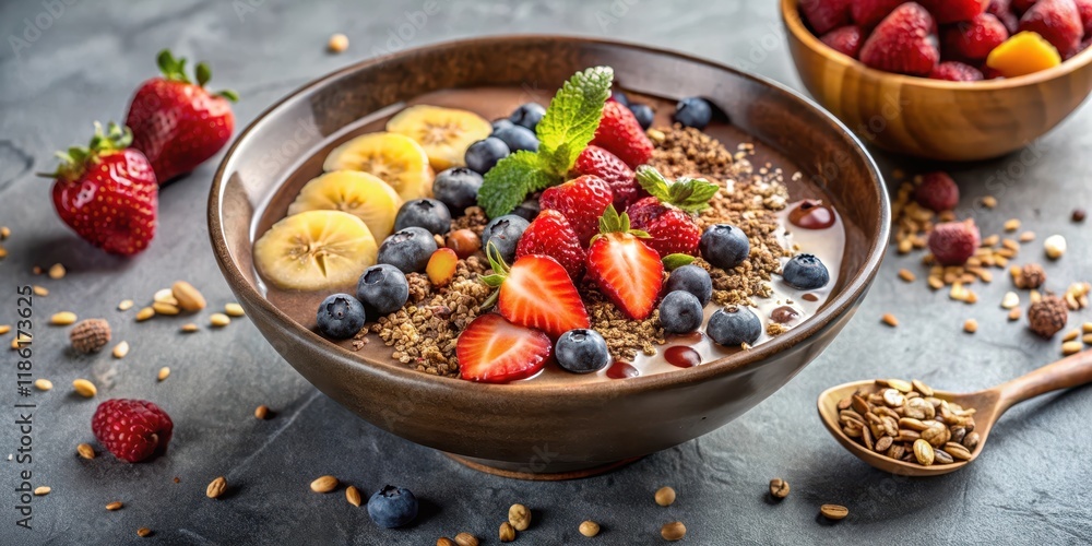 Delicious chocolate smoothie bowl topped with fresh strawberries, blueberries, banana slices, and crunchy granola Delicious chocolate smoothie bowl topped with fresh strawberries, blueberries, banana slices, and crunchy granola