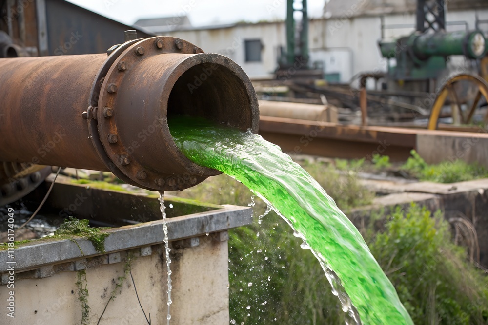 A stream of vivid green liquid pours from a rusty, aged industrial pipe, emphasizing pollution and the urgent need for waste management solutions globally. A stream of vivid green liquid pours from a rusty, aged industrial pipe, emphasizing pollution and the urgent need for waste management solutions globally.