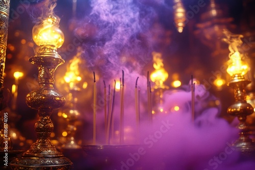 Glowing candles and incense fill a dimly lit sanctuary, creating an ethereal and sacred ambiance.