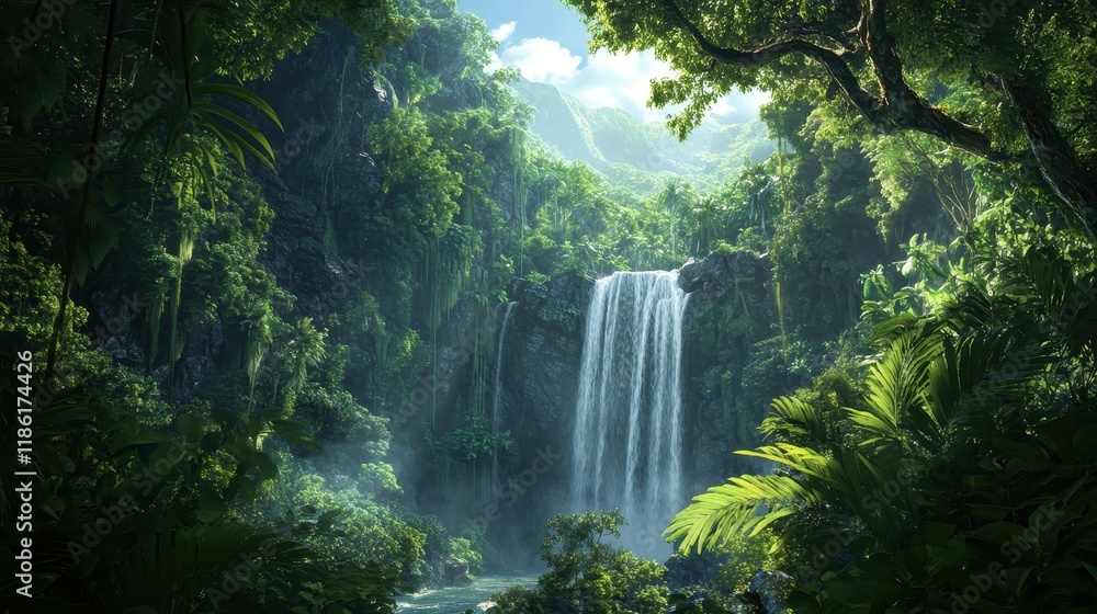 Naklejka premium Lush Tropical Rainforest with Cascading Waterfall
